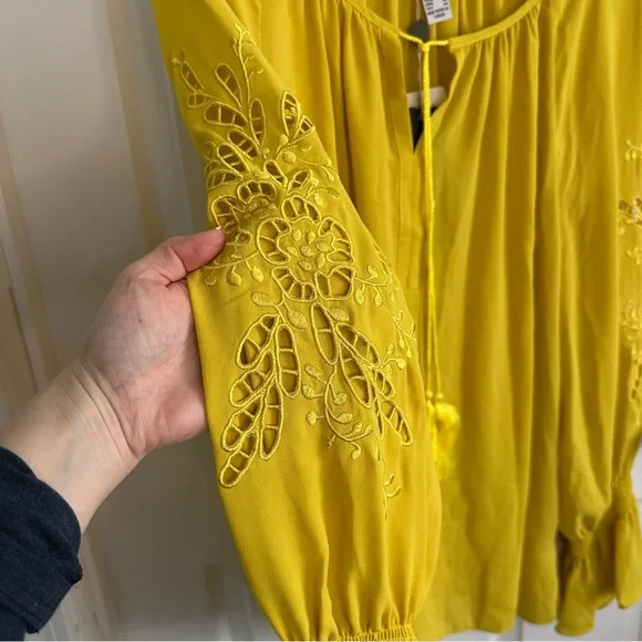 Joseph Ribkoff Flowy Yellow Blouse with Embroidered Sleeves - Picture 6 of 7